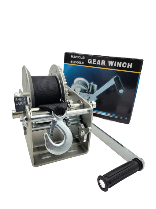 Marine Boat Trailer Winch HD - 3500lbs Capacity - 3" Grey Strap - 2 Speed - Shift Lock